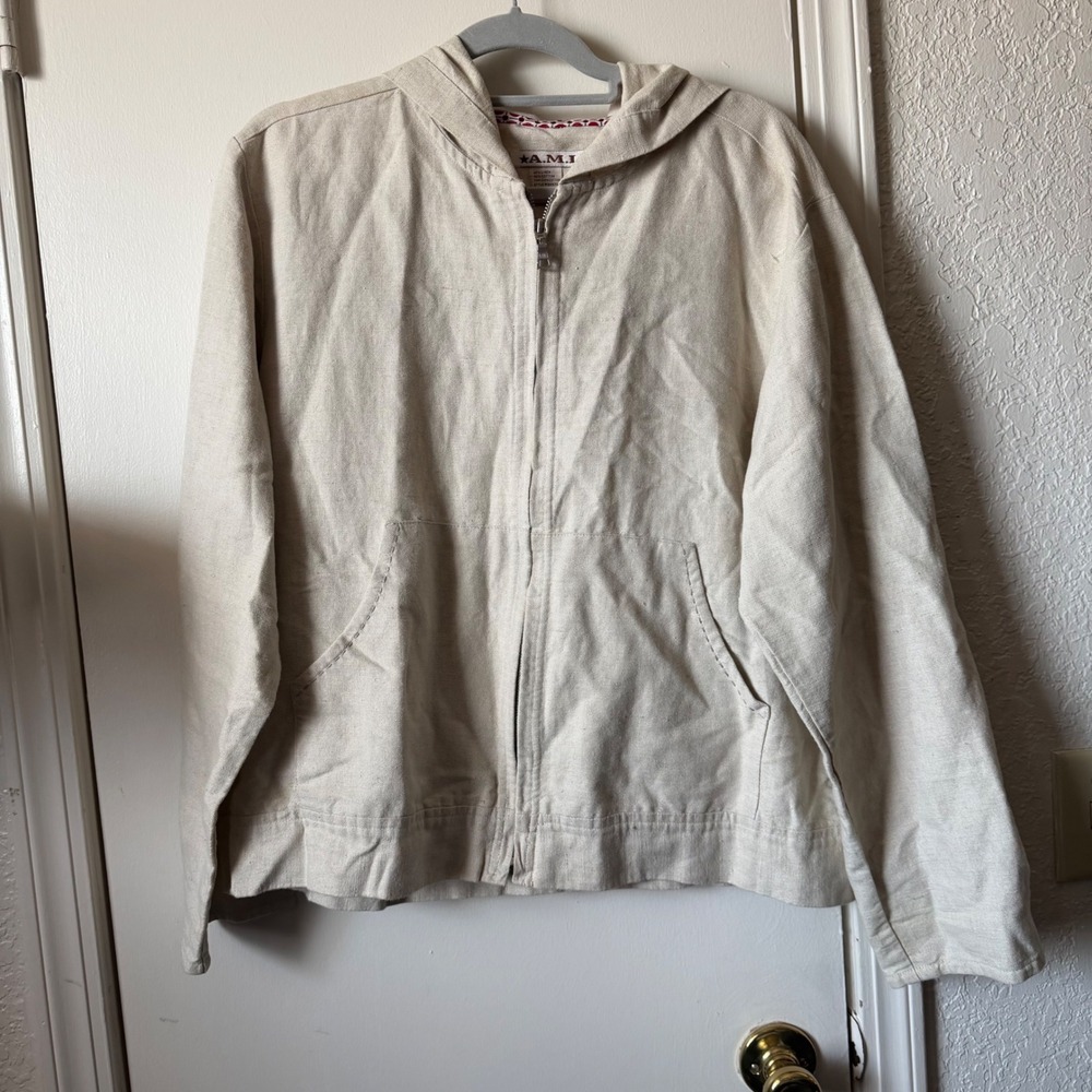 A.M.I. Linen Cotton Minimalist Beige Jacket Large Casual Canvas Natural Fiber